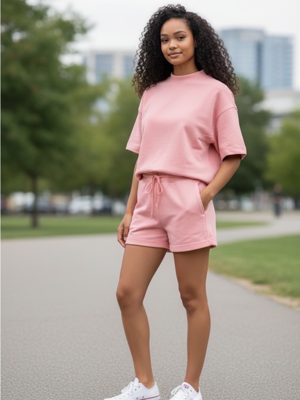 Casual Pink Short-Sleeve Top & Drawstring Shorts Set